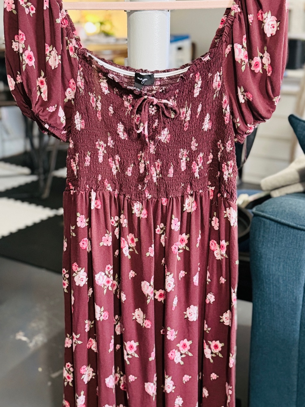 Lily Morgan XL Burgundy Flower Smocked Puff Sleeve Mini Dress Tunic Top - Picture 7 of 10